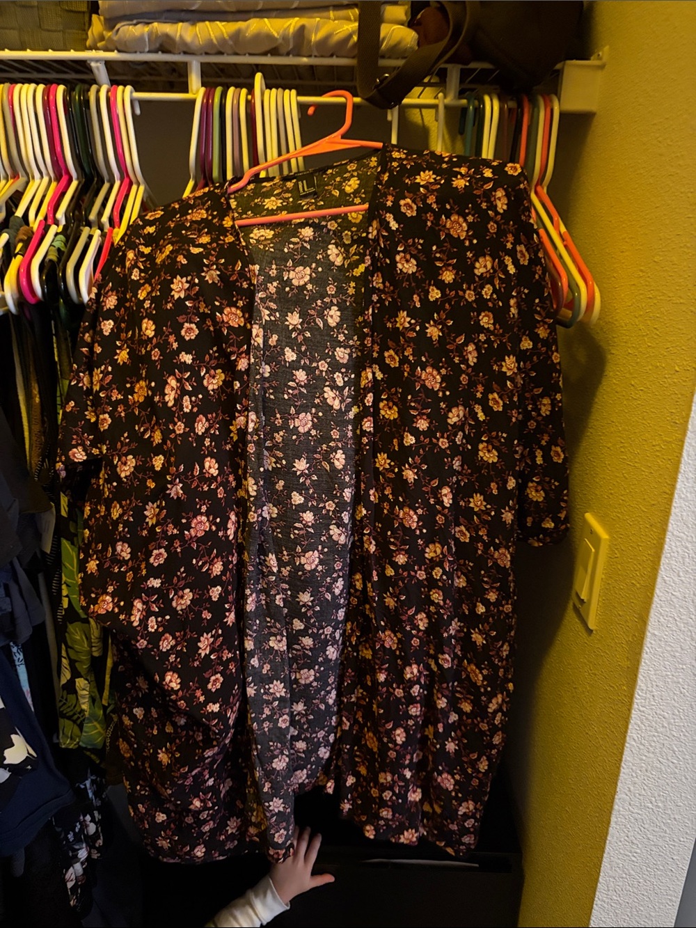 Floral Open-Front Kimono Robe - Black with Pink Flowers